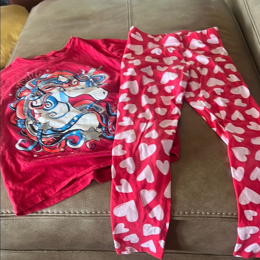 Red Unicorn T-Shirt and Heart Leggings Set